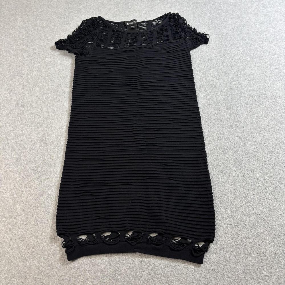 Bebe Dress Womens M Black Open Knit Crochet Short Sleeve USA Bodycon Club Y2K